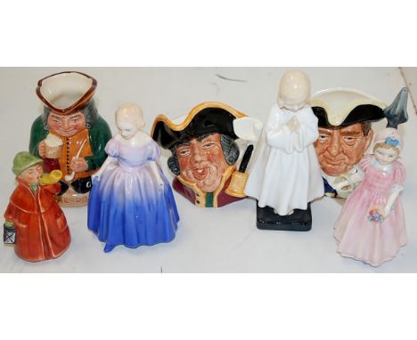 Three Royal Doulton figurines to include Tinkerbell HN1677, Bedtime HN1978, and Marie HN1370, together with two small Royal D