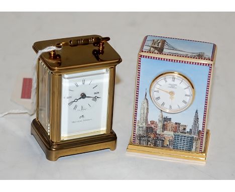 A modern lacquered brass cased minuet carriage clock, having enamelled dial with Arabic numerals, signed Matthew Norman; toge
