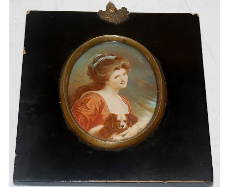 After Geo Romney, - a bust portrait of Lady Hamilton, watercolour on ivory, signed Daudet, housed in an ebonised frame, C19th