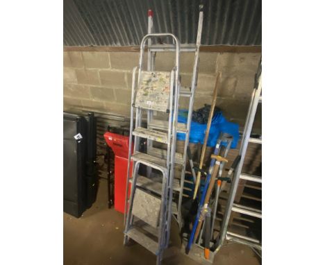 Two aluminium step ladders and an aluminium combination ladder