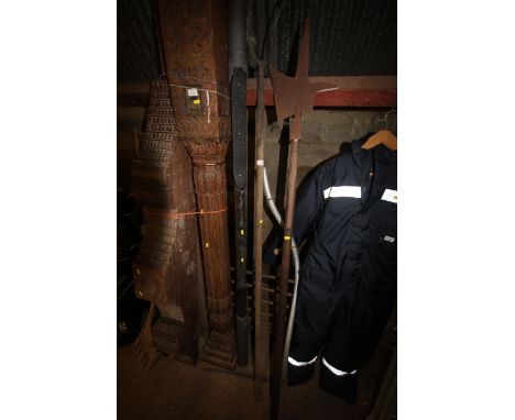 A two pronged long handled fork, seith, a long handled medieval style weapon and a pick up side step