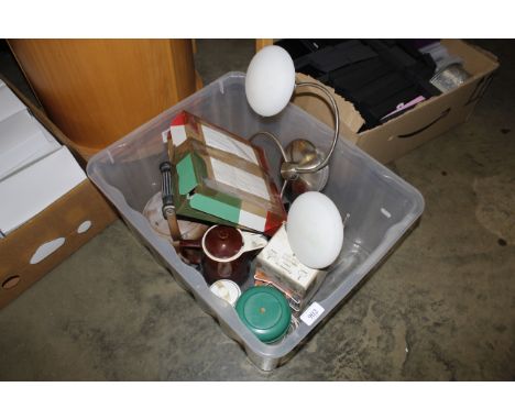 A box containing light fittings and kitchen items etc 