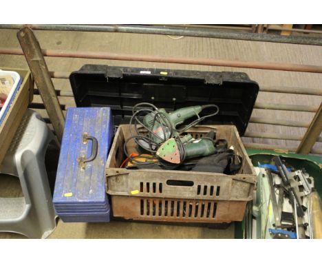 A plastic tool box containing a Bosch sander; a Bosch PEX12AE electric sander; a Power Devil cordless drill; various hand too
