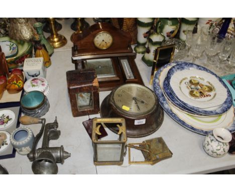 A barometer thermometer set, an eight day wall clock, carriage clock AF and a mantel clock etc 