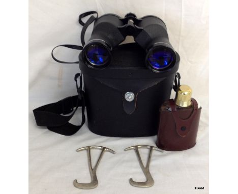 A pair of 4 x 30 binoculars with 2 boot pulls by Camages of London and a leather cased hip flask