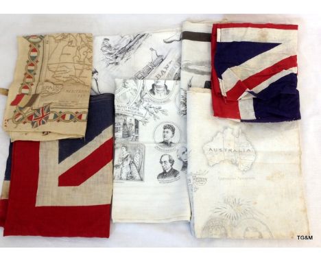 Two Union Jack flags the largest being 33 x 22 inches - two printed linen Queen Victoria souvenir 23 inches square - a printe