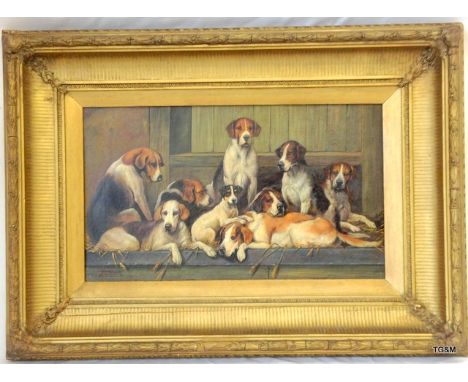 An oil  on board canvas of Hunting Hounds bearing artists signature Jon Emms