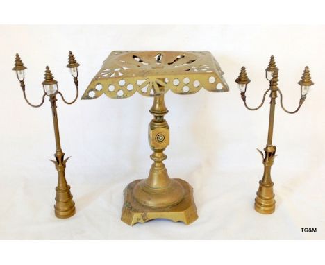 A pair of miniature brass street light 29cm high with a Victorian brass kettle stand