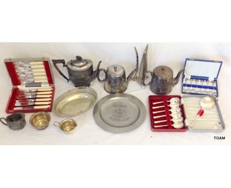 A collection of silver plate and other including teapots and flatware