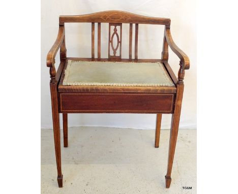 An Inlaid Mahogany Music Stool with Splatted Back & Scrolled Arms. 70 x 51 x 39