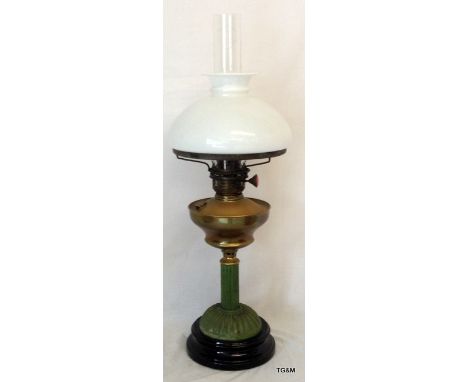 A c1900 good quality oil lamp with glass chimney and shade 73cm high