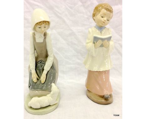 2 Nao porcelain figures 21cm high, Girl with a lamb and another of a boy with a prayer book