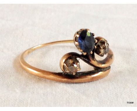 Victorian gold ring set with 2 diamonds and a sapphire