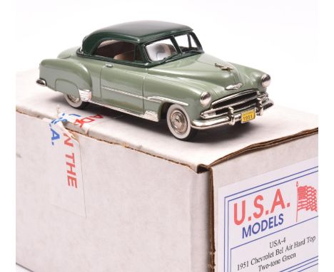 U.S.A. Models (USA-4) white metal model of a 1951 Chevrolet Bel Air Hard Top. In two tone green with tan interior, plated whe
