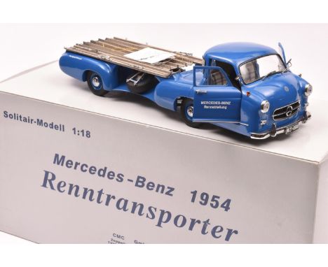 A CMC 1:18 scale model of a Mercedes-Benz 1954 'Renntransporter' Car Transporter (M-036). A suberbly detailed model in blue. 