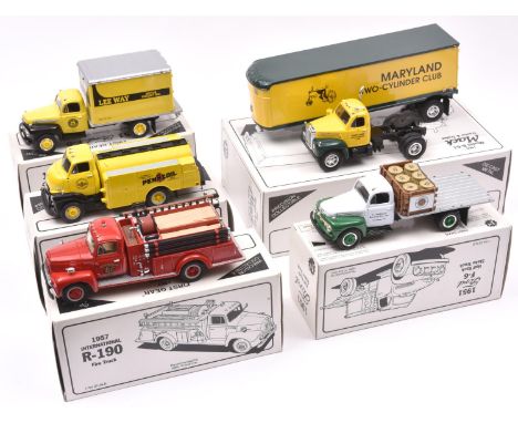 5 First Gear 1/34 1950's American Trucks. 1957 International R-190 Fire Truck, 'Bernville Fire Co'. 2x Ford F-6 - Dry Goods V