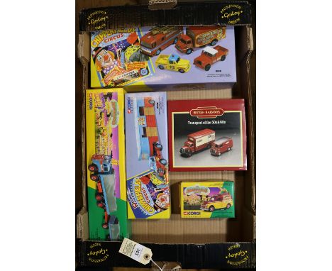 5 Corgi Classics. 2 Chipperfield's. A set- Land Rover, Morris Minor Pick-Up, Thames Trader box van and an AEC Fire Engine (31