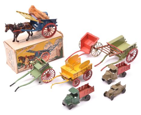 4x Britains Model Home Farm Series horsedrawn carts. Including a boxed (No.4F) Tumbrel Cart (missing farmer and rear rack). M