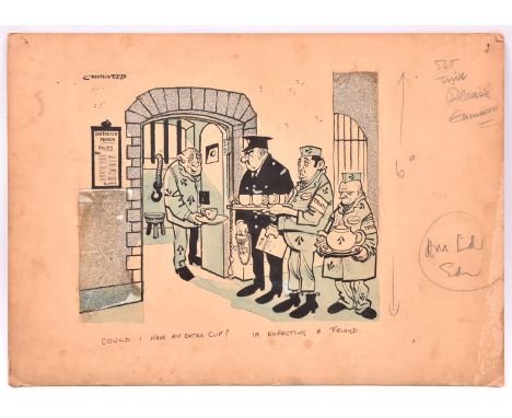 An orginal cartoon by Emmwood, John Musgrave-Wood (1915-1999). 'Could I have an extra cup?', ink and mixed media on Winsor &a