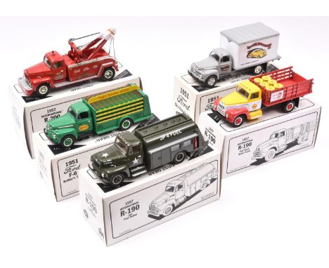 5 First Gear 1/34 1950's American Trucks. 2x 1957 International R-190- Full Rack Stake Truck, 'SHELL Motor Oil'. Plus a Fuel 