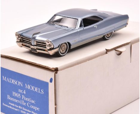 Madison Models Nr.4 1965 Pontiac Bonneville Coupe. In metallic light blue with black interior, plated wheels with white wall 