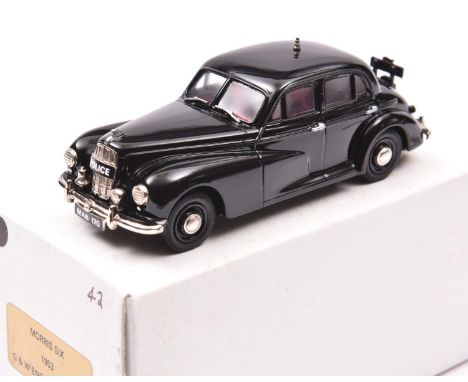 Pathfinder for G&amp;W Engineering Ltd 1:43 model of a 1953 Morris Six POLICE Car. In black with red interior, POLICE to fron