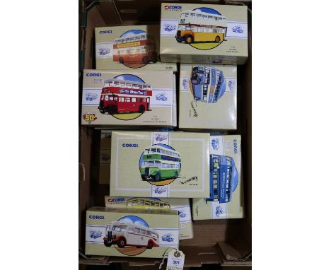 10x Corgi Classic buses and coaches. 9x Guy Arab Utility - Walsall, Southdown, Maidstone, Wolverhampton, Southampton, LT, Bir