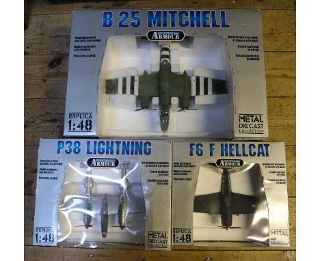 3x 1:48 scale Collection Armour by Franklin Mint aircraft. B25 Mitchell, in RAF livery (98183). P38 Lighting, in USAAF silver