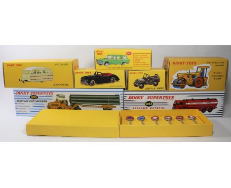 8 Atlas Dinky. Leyland Octopus Tanker 'ESSO' (943). Tracteur Unic Saharien (893). Richier Roller (830), U.S. Army Jeep (153A)
