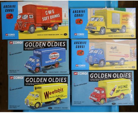 6 Corgi Classics. 3x Archive Corgi series- Foden S21 'Mickey Mouse' Box Lorry, 'C.W.S. Soft Drinks' (13602). Thames Trader Bo