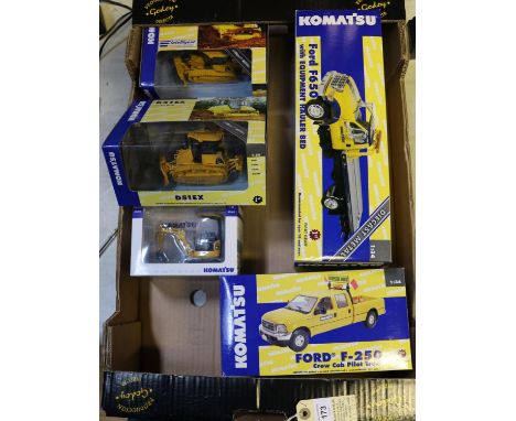 5 First Gear 1:34 and 1:50 scale 'Komatsu' liveried vehicles. Ford F650 with equipment hauler bed. Ford F250 Crew Cab Pilot T