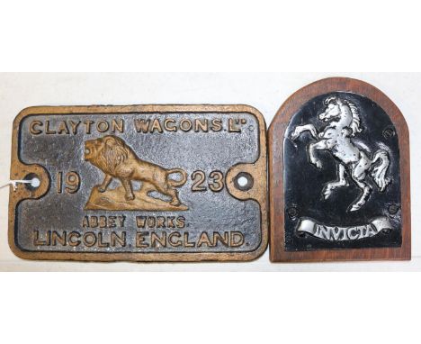 A Clayton Wagon Plate. Cast iron plate; 'Clayton Wagons Ltd. 1923, Abbey Works, Lincoln England'. 265mm x 155mm. Together wit