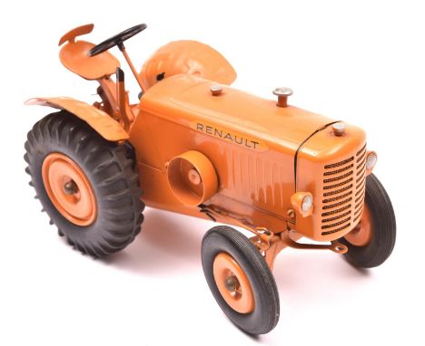 A rare 1950?s tinplate clockwork Renault tractor by CIJ Toys France. Finished in orange overall, with ?RENAULT? to engine cov