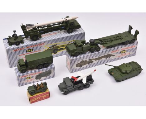 6 Dinky Toys Military Vehicles. Missile Erecting Vehicle with Corporal Missile &amp; Launching Platform (666). An Antar Tank 