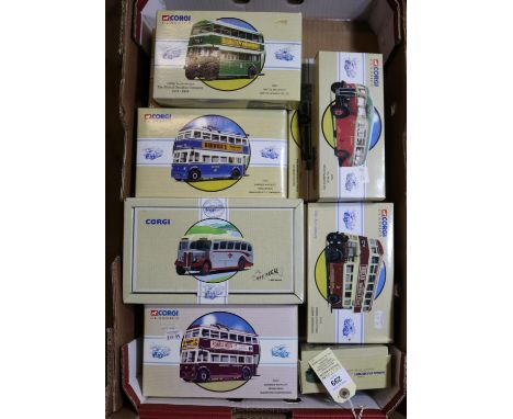 10x Corgi Classic buses, coaches, etc. 3x AEC Regal - Grey Cars, Hardings and David MacBrayne. A Birming Seagull coach - Coli
