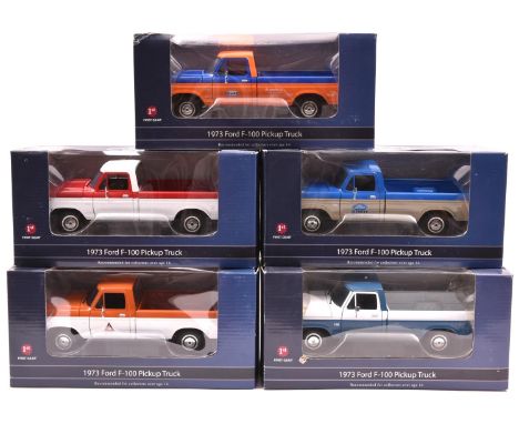 5 First Gear 1:25 scale 1973 Ford F-100 Pickup Trucks. In various liveries, including Company liveries- Ford Tractors blue/gr