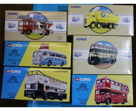 6 Corgi Classics. Leyland Atlantean Open Top Bus Set (33501). AEC Ladder fire engine, 'Dublin' (97353). ERF Tanker 'Blue Circ