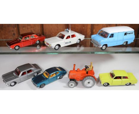 7 Dinky Toys. Ford Corsair in metallic red. Ford Capri in metallic green. Ford Cortina in yellow. 2x Ford Zodiac-Police and a