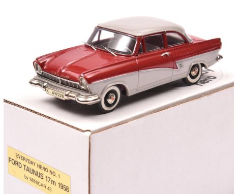 Kenna Models for Minicar 43 'everyday hero' 1958 Ford Taunus 17m 2- door saloon. In red with pale grey roof and lower sides, 