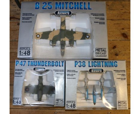 3x 1:48 scale Collection Armour by Franklin Mint aircraft. B25 Mitchell, in USAAF livery (98181). P38 Lighting, in USAAF silv