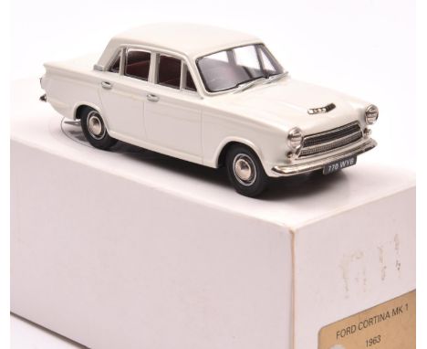 Pathfinder for Minicar 43, 1963 Ford Cortina Mk1 4-door saloon. A R.H.D. example in white with maroon interior, silver wheels