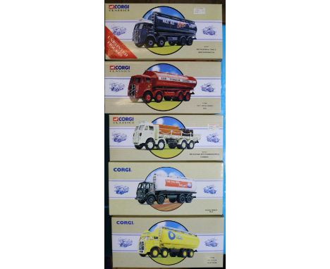 5 Corgi Classic Trucks. 4x ERF 8 Wheel Rigid Trucks, Flatbed With Chains/Barrels, 'Flowers' (97942). Plus 3x tankers - 'Blue 