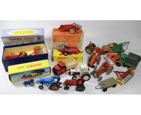 11x Dinky Toys, French Dinky, etc. Mainly farm related models including 3x boxed examples; Farm Tractor &amp; Hay Rake (27AK)