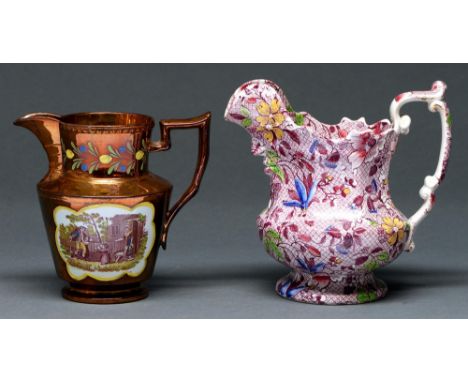 A English copper lustre earthenware jug with puce bat prints, c1830, painted enamel detail, 15cm h and a Victorian earthenwar
