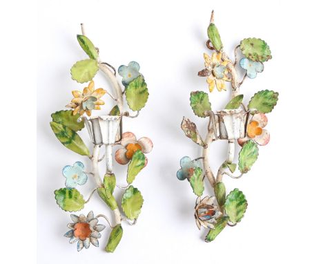 A pair of polychrome metal single light floral wall sconces, probably French, mid 20th c,&nbsp;26cm h Original decoration and