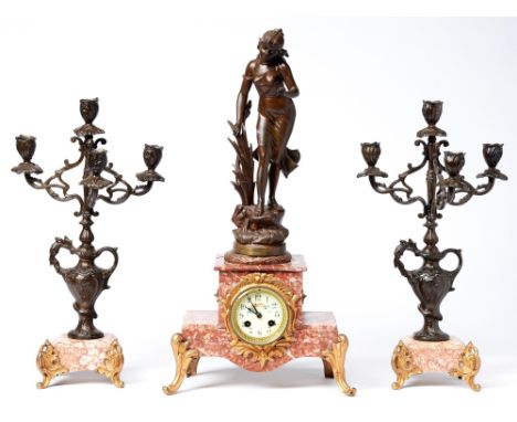 A French fin de siecle spelter figural and marble garniture de cheminee, the clock with primrose enamel dial, pendulum, 59cm 