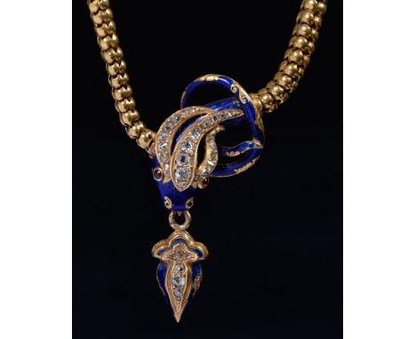 A Victorian diamond and gold and blue enamel snake necklet, a drop hanging from the serpent's open mouth, 38.5cm l, 22.7g A P