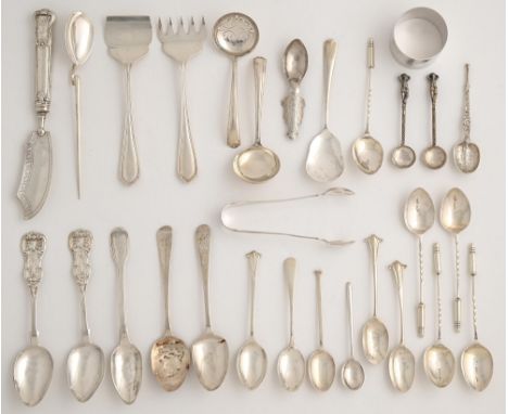 Miscellaneous small silver flatware and a napkin ring, various makers and dates, mostly first half 20th c, 11ozs weighable Mo
