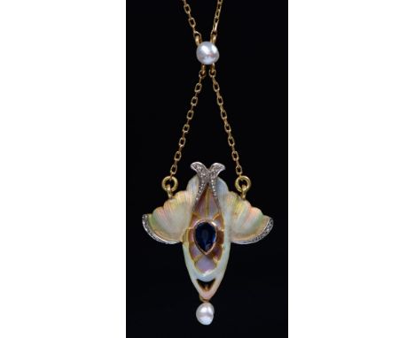 A German Jugendstil jewelled gold and pique a jour enamel necklet, Pforzheim, c1905, with diamonds, tear shaped sapphire(?) a
