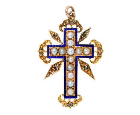 A diamond and split pearl and gold and blue enamel cross, late 19th c, in gold, 36mm h, 4.3g Enamel slightly defective